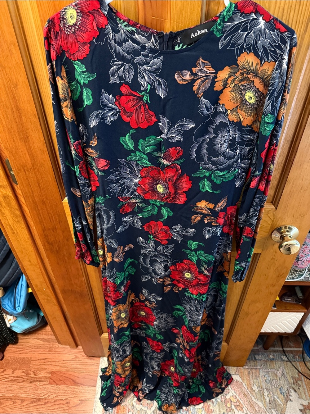 Aakaa Navy Maxi Dress with Red, Green & Orange Floral Print